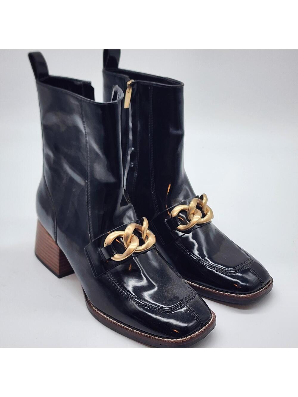 Steve Madden Loreen Chain Booties black patent square chunky block heel 10